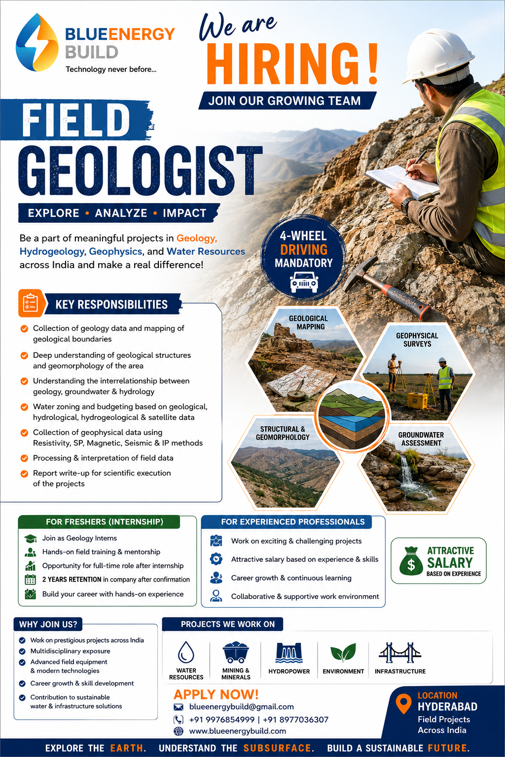 🌍 We’re Hiring – Field Geologist https://drive.google.com/file/d/1g2RGjc6nR-_HrMfbSdcjIDHhuJVxzfmc/view?usp=drivesdk Join BlueEnergy Build Private Limited (BEBPL) Are you passionate about geology, groundwater exploration, and field investigations? We are looking for enthusiastic Field Geologists to work on challenging projects in geology, hydrogeology, geophysics, hydrology, mining, environmental studies, and infrastructure development across India. Key Responsibilities Geological field mapping and delineation of geological boundaries. Study geological structures, geomorphology, and rock formations. Understand the relationship between geology, groundwater, and hydrology. Prepare groundwater zoning and water budgeting studies using geological, hydrological, hydrogeological, and satellite data. Conduct geophysical surveys using Electrical Resistivity, Self Potential (SP), Magnetic, Seismic, and Induced Polarization (IP) methods. Process, interpret, and integrate field data for scientific analysis. Prepare technical reports, geological maps, cross-sections, and project documentation. Required Skills Strong knowledge of Geology, Structural Geology, Geomorphology, and Hydrogeology. Experience in geological mapping and field investigations. Ability to process and interpret geological and geophysical data. Good technical report writing and communication skills. Willingness to travel extensively and work in remote field locations. Valid LMV (4-Wheeler) Driving Licence is Mandatory. Who Can Apply? 🎓 Freshers (Internship Programme) M.Sc./B.Sc. in Geology, Applied Geology, Earth Sciences, or related disciplines. Intensive field training with experienced professionals. Opportunity for full-time employment after successful internship. Minimum 2-year retention commitment after confirmation. 👨‍🔬 Experienced Geologists Professionals with experience in geology, hydrogeology, geophysics, mining, groundwater, environmental, or infrastructure projects. Attractive salary based on qualifications, experience, and technical expertise. Why Join BlueEnergy Build? Work on prestigious projects across India. Exposure to advanced geological, hydrogeological, geophysical, and GIS technologies. Continuous learning, career growth, and multidisciplinary project experience. Competitive salary and a professional work environment. 📍 Location: Hyderabad (Field Projects Across India) 📧 Apply: blueenergybuild@gmail.com 🌐 www.blueenergybuild.com 📞 +91 9976854999 | +91 8977036307 BlueEnergy Build Private Limited “Technology never before…” Explore the Earth. Understand the Subsurface. Build a Sustainable Future.